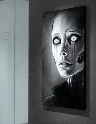 The primary subject of the image is a painting of a woman with a scary or demonic appearance. The setting is a dark room, and the visual style is a black and white painting. The colors and mood of the painting are intense and eerie, creating a sense of unease or fear.